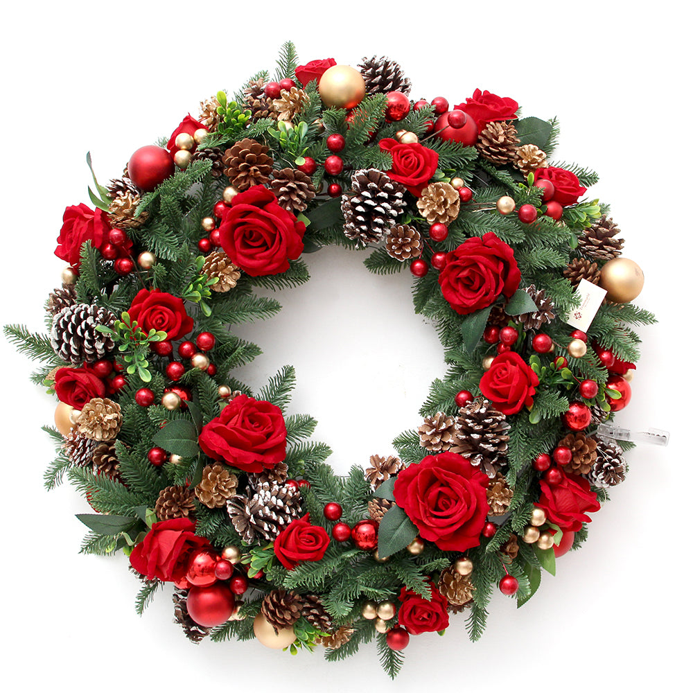 2024 Frankfurt Fair Hot Sale High Quality Christmas Wreath 78cm Aritificial Rose Decorative Wreaths With LED Light For Christmas Decoration Supplies