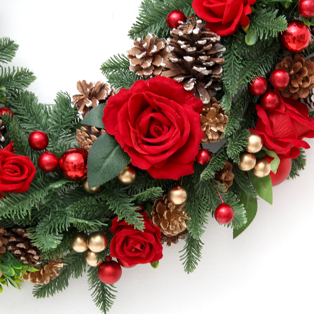 2024 Frankfurt Fair Hot Sale High Quality Christmas Wreath 78cm Aritificial Rose Decorative Wreaths With LED Light For Christmas Decoration Supplies