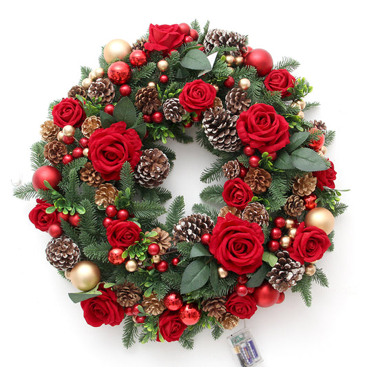 Transworld Design Red Artificial Roses LED Light Christmas Wreath PineCone Decorative Flowers Wreaths and Plants Christmas Decor