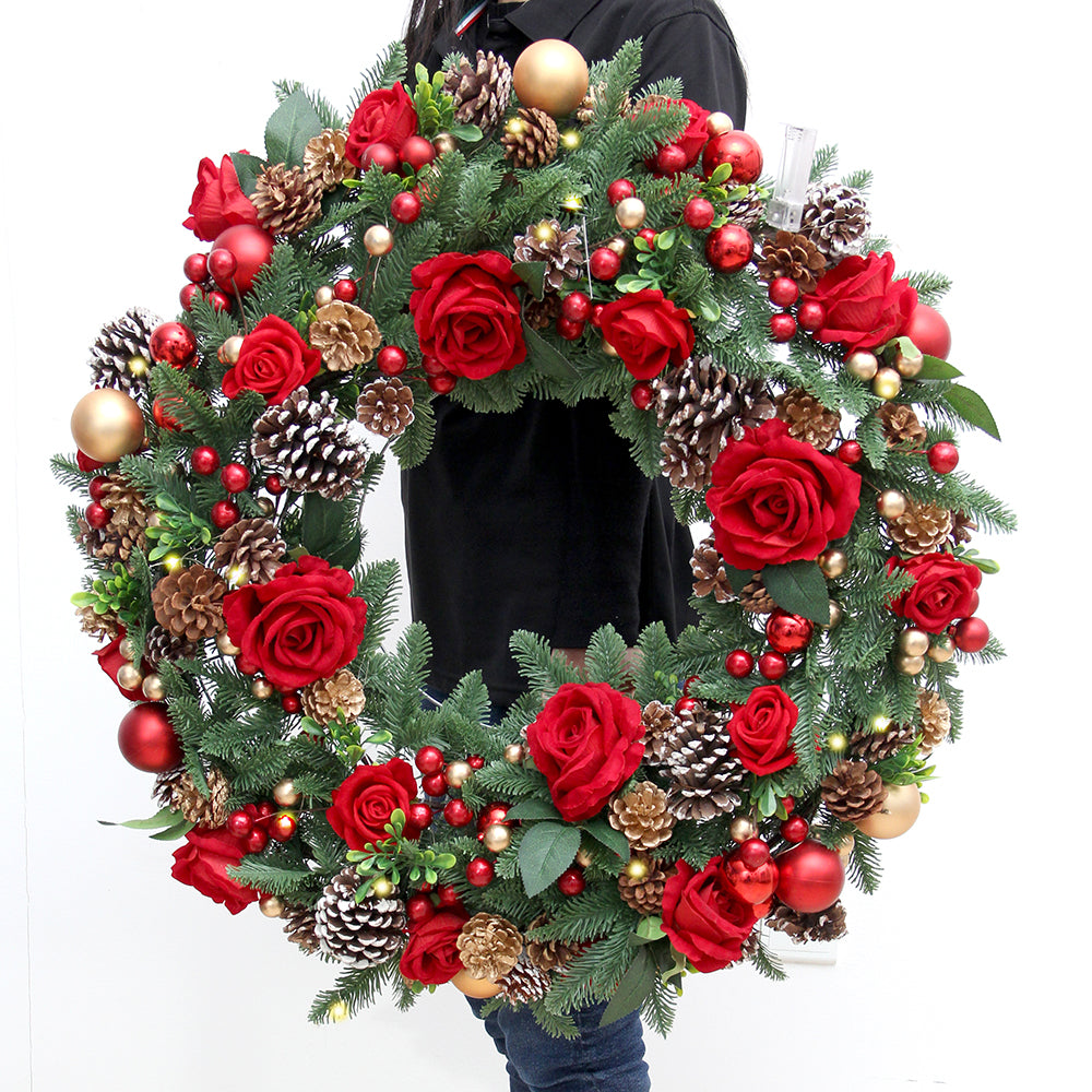 2024 Frankfurt Fair Hot Sale High Quality Christmas Wreath 78cm Aritificial Rose Decorative Wreaths With LED Light For Christmas Decoration Supplies