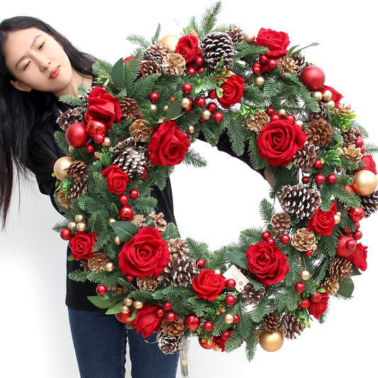 2024 Frankfurt Fair Hot Sale High Quality Christmas Wreath 78cm Aritificial Rose Decorative Wreaths With LED Light For Christmas Decoration Supplies