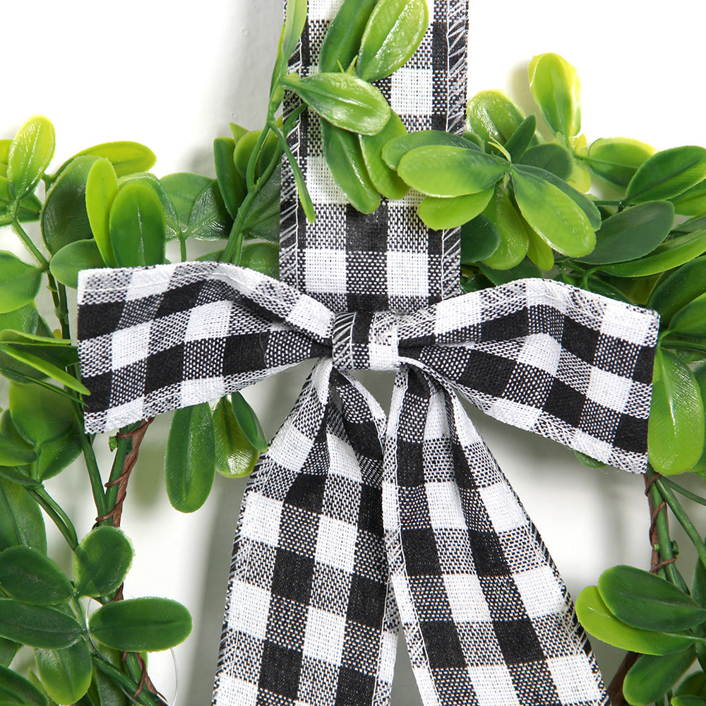 Transworld Hot Sale Hand-made Wreath For Front Door Artificial Wreath With Black and White Plaid Ribbon Kitchen Cabinets Hanging