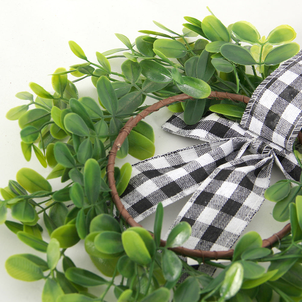 Transworld Hot Sale Hand-made Wreath For Front Door Artificial Wreath With Black and White Plaid Ribbon Kitchen Cabinets Hanging