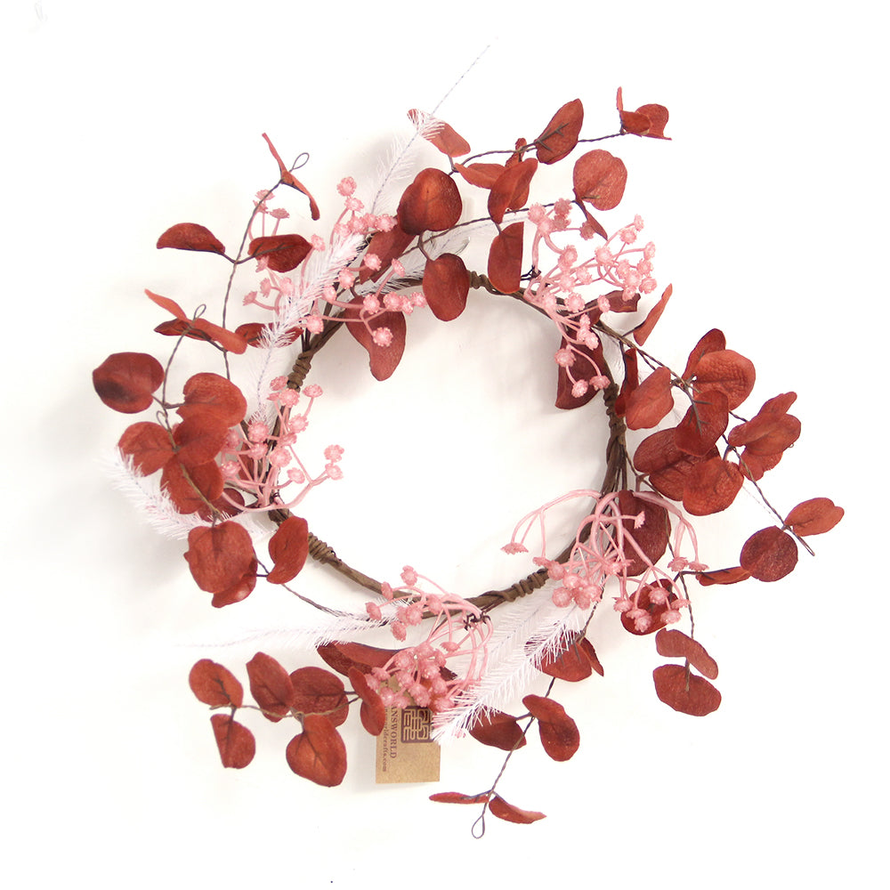 Orange Red Color Eucalyptus Leaf Wreath  Dia Door Wall Decoration Factory Price Artificial Plant Flower Ins Eucalypt