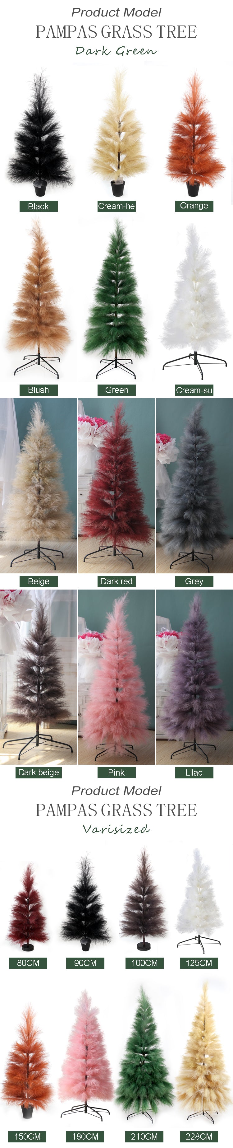 Unique New Design 210cm Dense Pampas Grass Christmas Tree Dark Green Large Christmas Trees Pure Handmade Artificial Tree